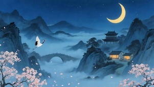 古风夜景樱花树木