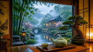 园林雨景木屋品茶