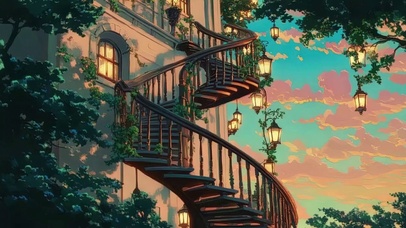 晚霞唯美别墅旋转楼梯