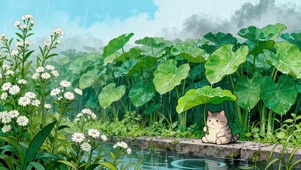 猫咪的荷叶伞