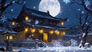 月亮星空雪天唯美治愈温馨古建筑