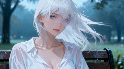雨天公园长椅的银发湿衫少女