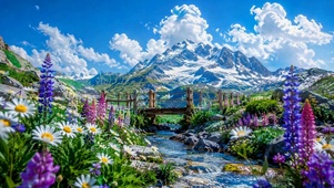 雪山花海溪流