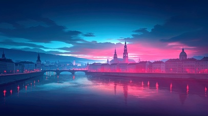 清晨迷雾城镇河岸大桥