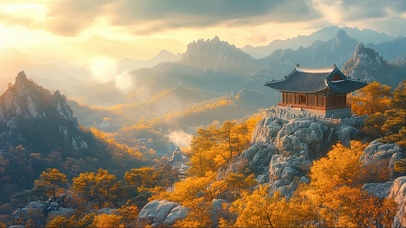 日出阳光高山枫林古建