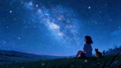 满天星辰女孩与猫共赏