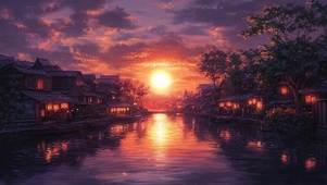 黄昏晚霞古风小镇河岸