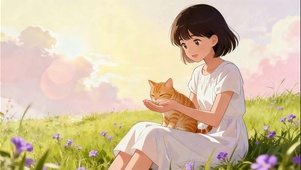 草地上的少女与猫咪