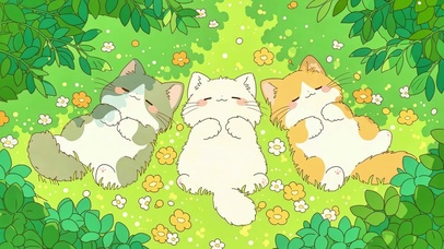 春日草地上打盹的三只小猫咪