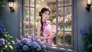 花房窗台旁持香扇红粉旗袍美女