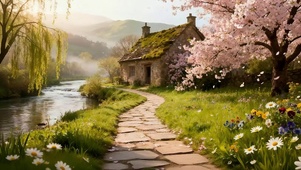 樱花树木房屋河流