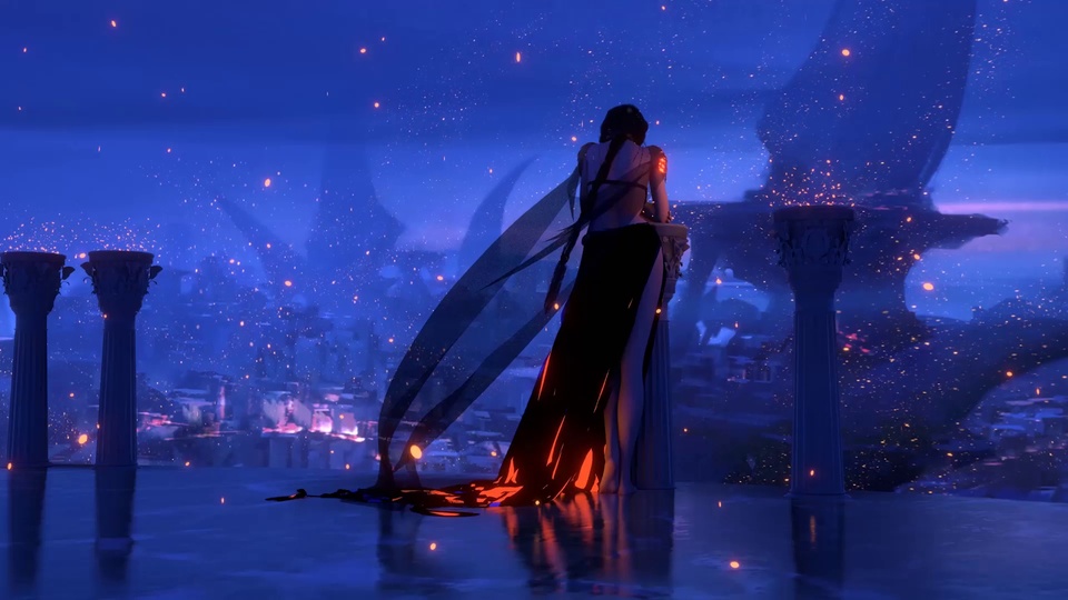 蓝紫色调夜景里，背向的黑裙女子立于石质露台，周身漂浮橙金色光点，远处是朦胧的奇幻城邦。