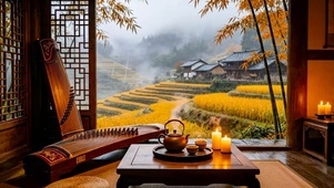 秋天乡村小屋雨景