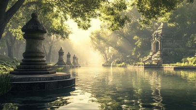 绿色树林夏日湖畔古迹