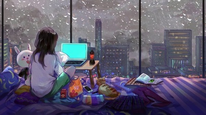 卧室女孩窗外雨