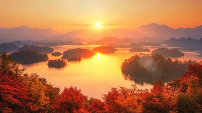 秋日红叶湖面孤岛