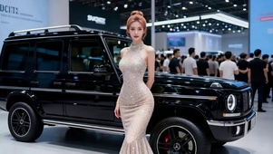车展大厅黑色吉普前的美女车模