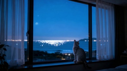 蓝夜窗边猫咪望海
