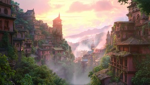 粉色朝霞云雾小镇