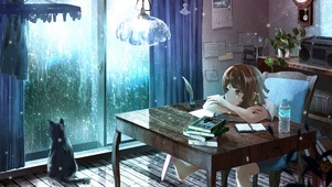 呆呆望着雨天的小女孩