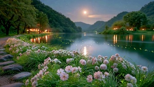 月夜河畔花海星空治愈美景