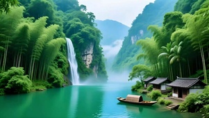 绿色护眼山水竹林瀑布