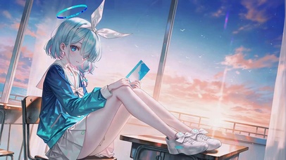 窗边暖阳蓝发二次元美少女