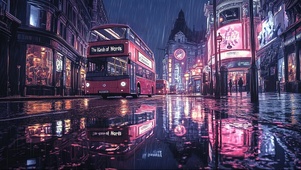 伦敦街头粉色雨夜