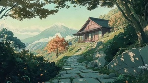 山顶森林云雾古朴建筑