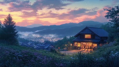 晚霞山坡上的静谧商店