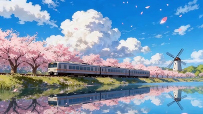 湖边樱花火车
