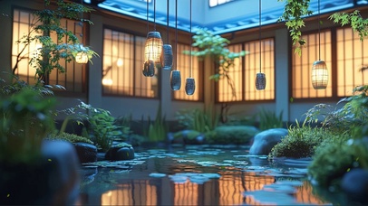 庭院宁静禅意绿色池塘