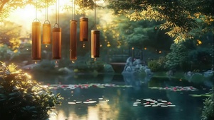 唯美落日静谧湖畔风铃