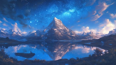 纯净星夜雪山湖泊倒影