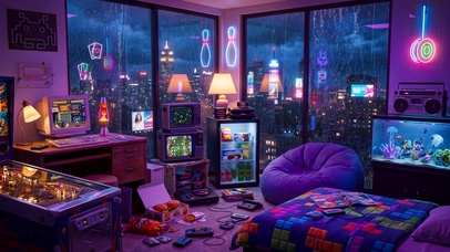 霓虹雨夜游戏房间