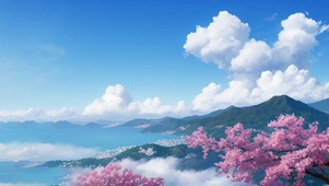 晴天白云日系樱花风景