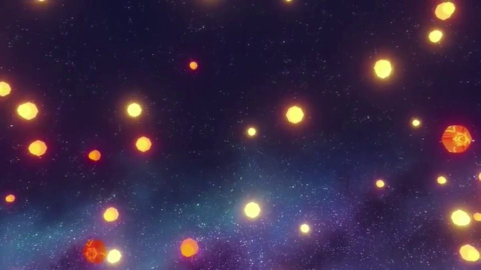 紫蓝色星空上零散浮着暖黄光斑与红色星纹浮灯。