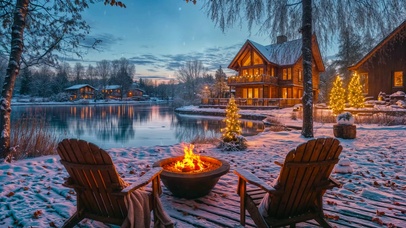 傍晚雪天湖畔别墅