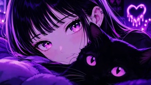 紫色氛围感美少女与黑猫