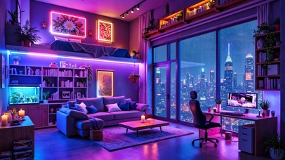 雨夜霓虹电脑房间