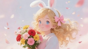 戴兔耳朵，女孩