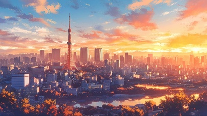 落日晚霞城市天际线