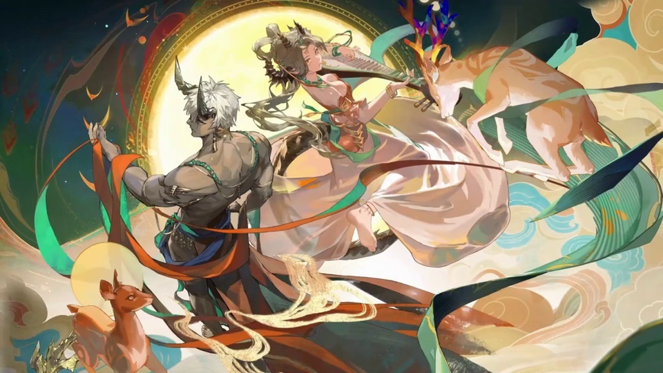 国风神话角色与仙鹿的奇幻插画