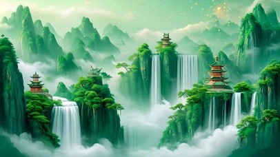 绿色瀑布山水画