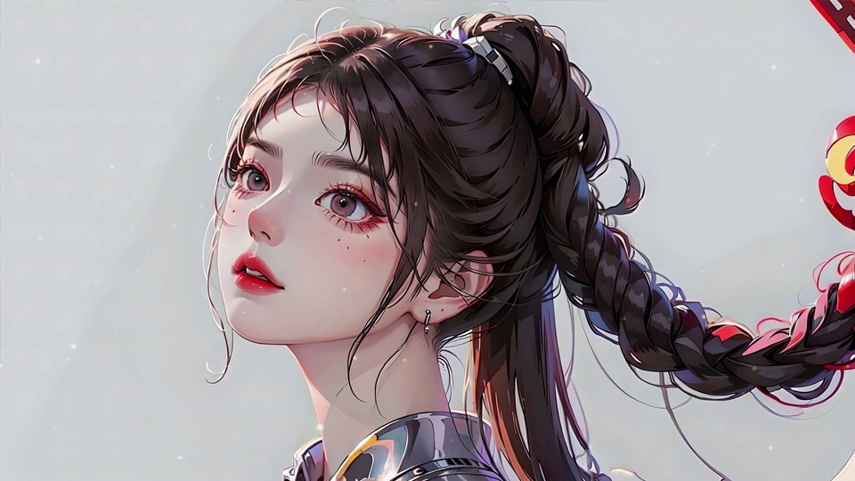 二次元插画 黑发盘编发少女