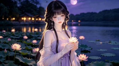 月色荷塘的莲花少女