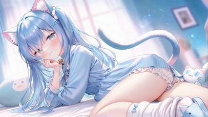 窗边的蓝发猫耳少女