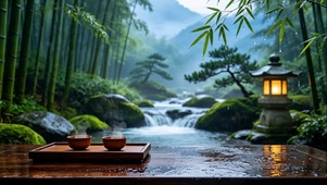 山间竹林溪流雨景