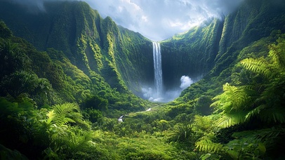 清新绿色山谷瀑布