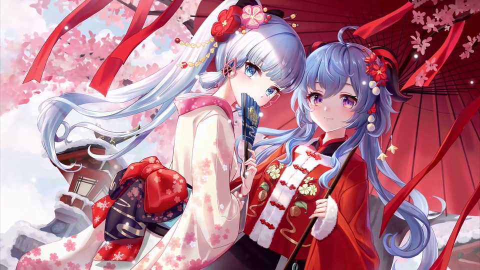 二次元插画中两名女性站在覆雪古建与樱花树下，一名持蓝折扇着米白樱花和服，一名持红油纸伞着红绒边中式上衣，空中飘着细碎光点。